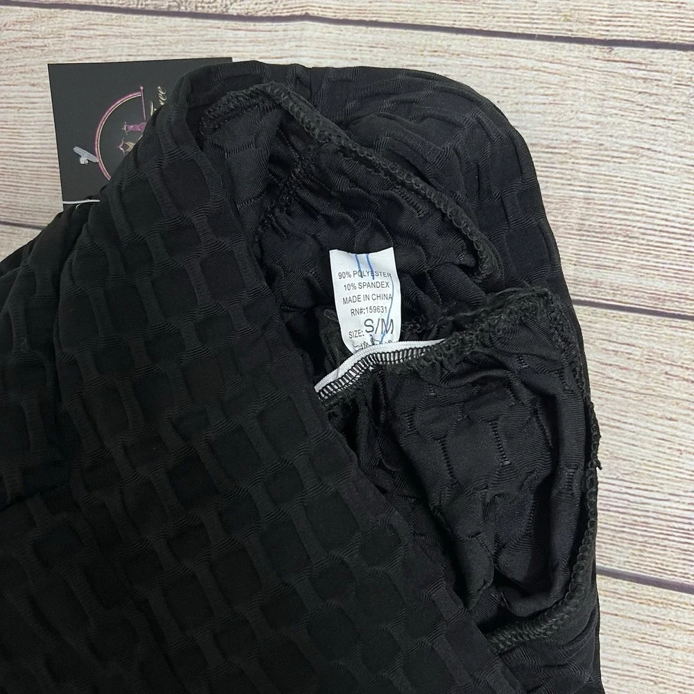 New With POCKETS Black‎ Honeycomb Scrunch Butt Leggings Size S/M Butt Lifting